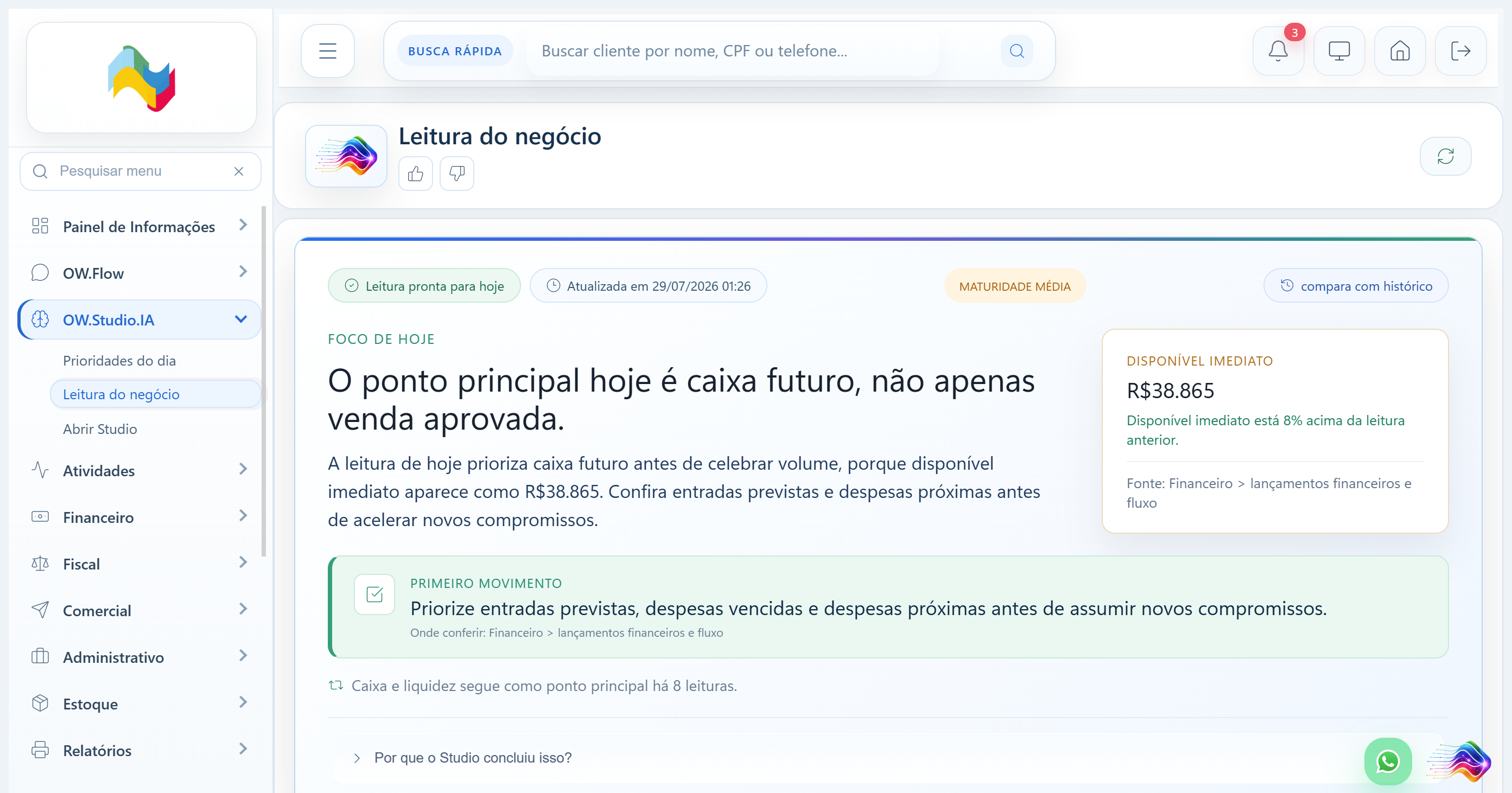 Leitura do Negócio do OW.Studio.IA com foco do dia, primeiro movimento e saldo disponível