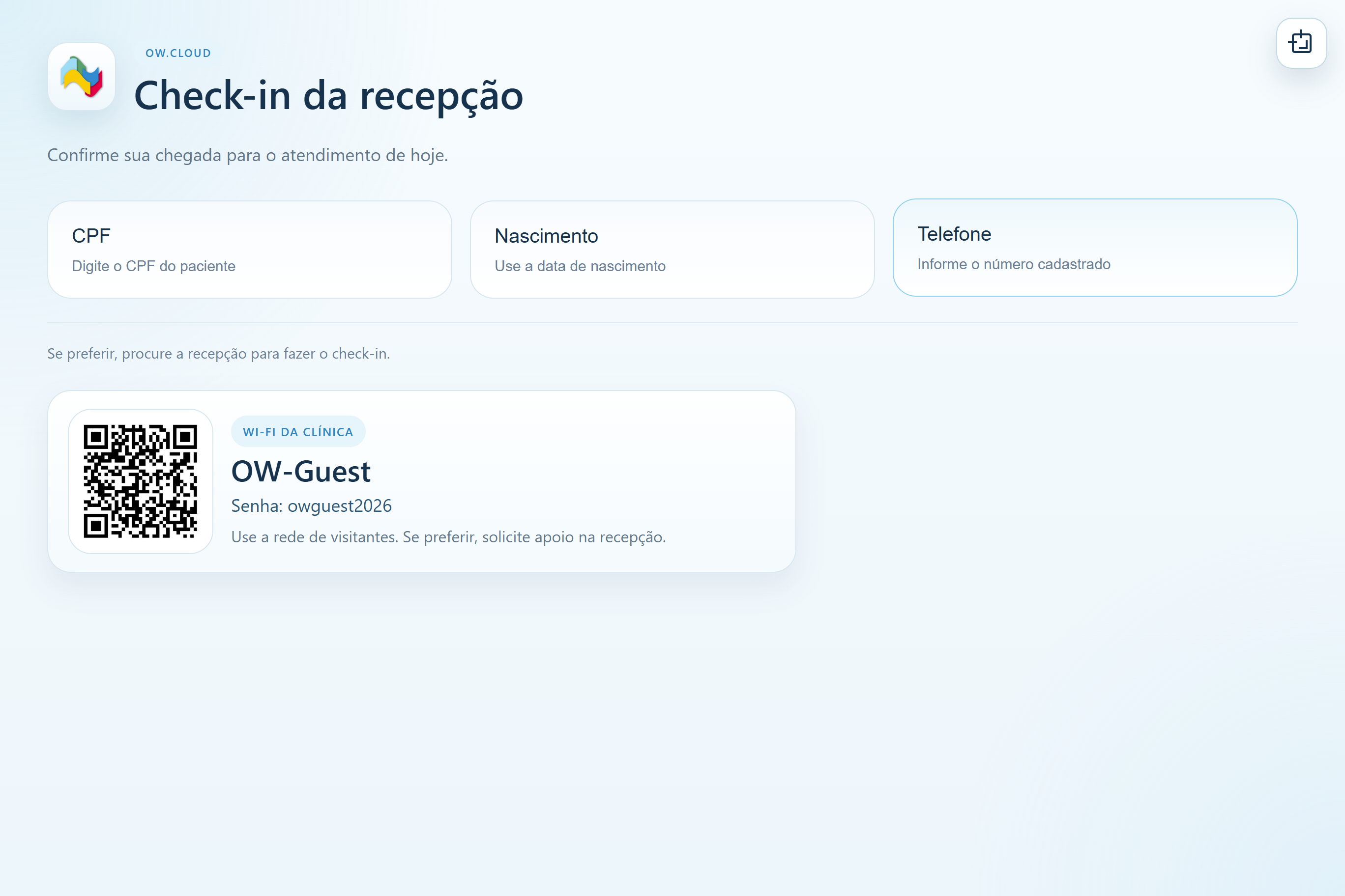 Totem de check-in do OW.Cloud com CPF, nascimento e telefone para confirmar chegada